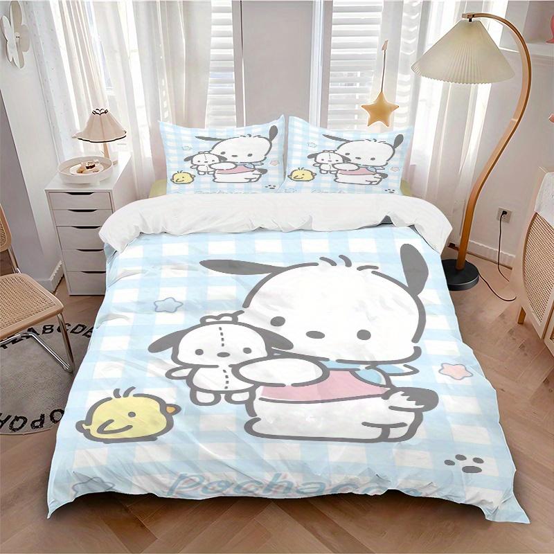 3pcs Blue Cute Pochacco Three-Piece Patterned Quilt Cover Set - Soft and Cozy Bedroom, Guest Room and Dorm Decorative Bedding 3-Piece Set 1 Quilt