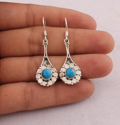 Boucles d'oreilles pendantes statement pour femme en argent sterling massif 925, turquoise ronde, faites à la main, designeur