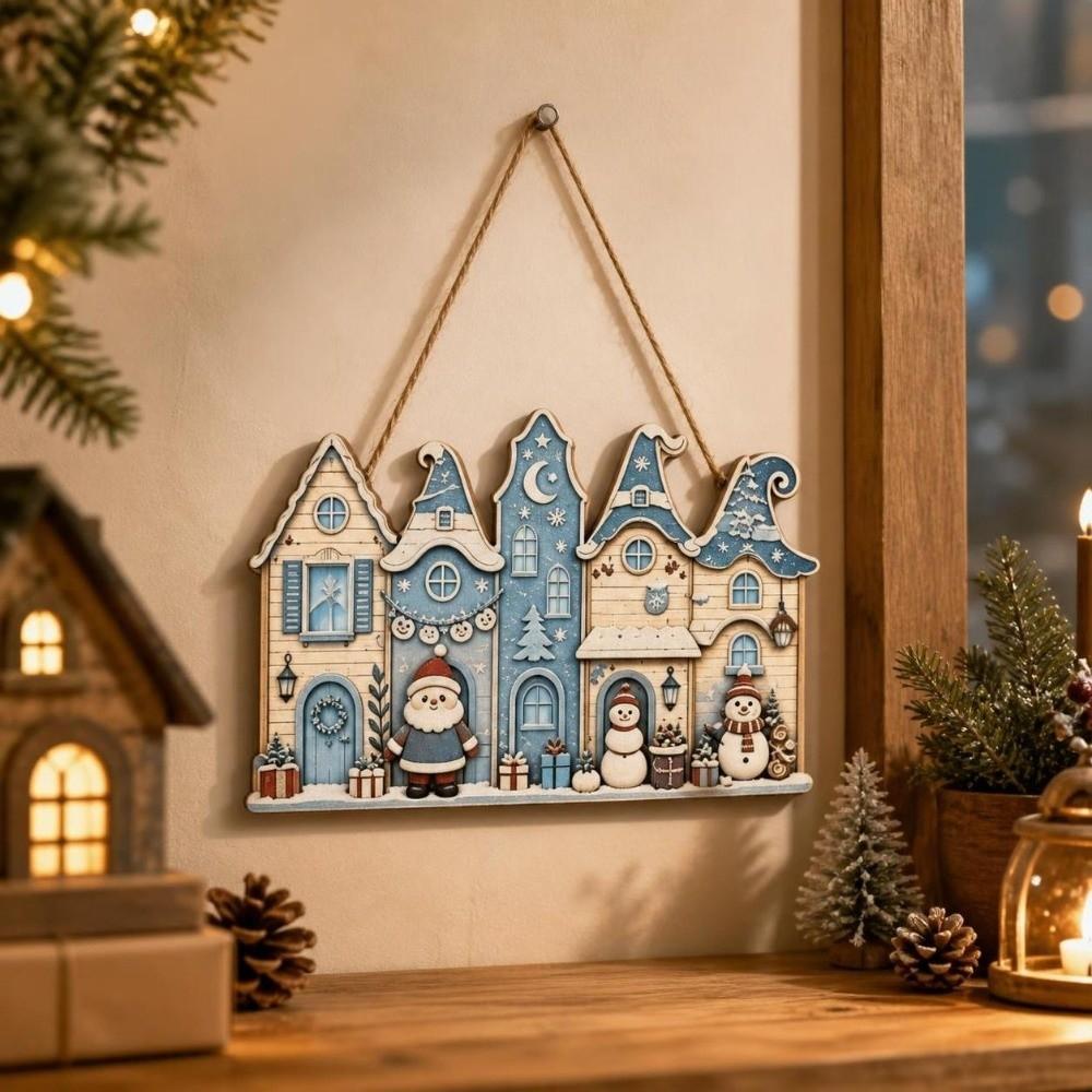 2D Flat Print Christmas Wooden Decoration Sign Snowman Santa Claus Xmas Ornaments Rustic Style Cottage Shape