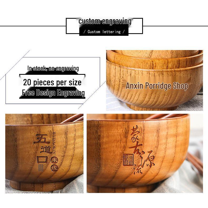 Handmade Japanese-Style Solid Wood Bowl Set for Family and Children - Large, Lacquered, Retro Design, Thickened for Rice and More