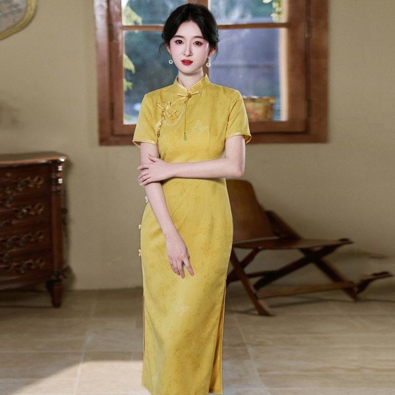 Yellow national style new Chinese daily long cheongsam improved young new women s high sense S