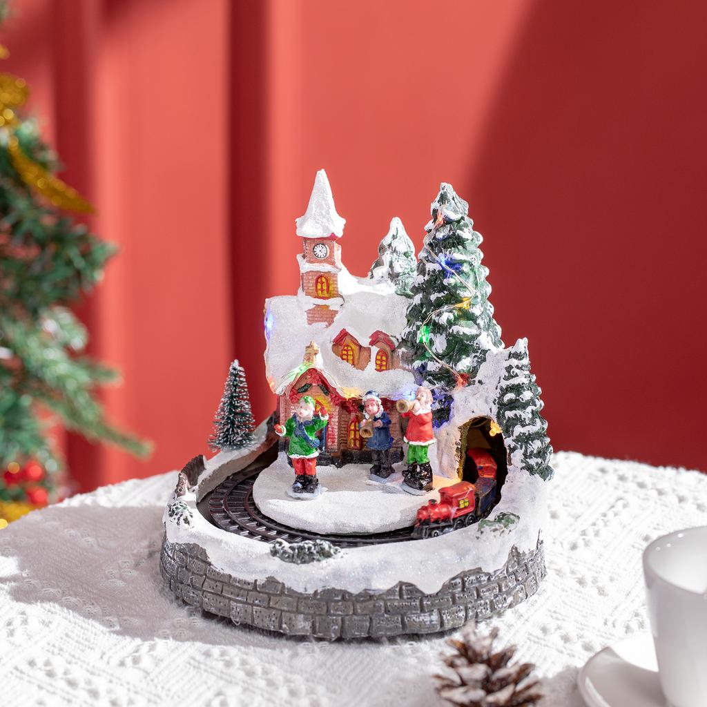 Christmas Village Christmas Scene with LED Lights and Moving Train, Tabletop Christmas Decoration, 20x19.5x20 Cm, Multicolor