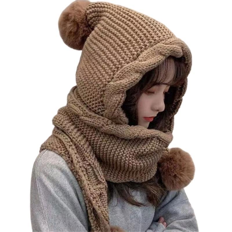 

Winter Scarf Hat with Warm EarFlaps And Decorative Pompoms Ball For Women Girl