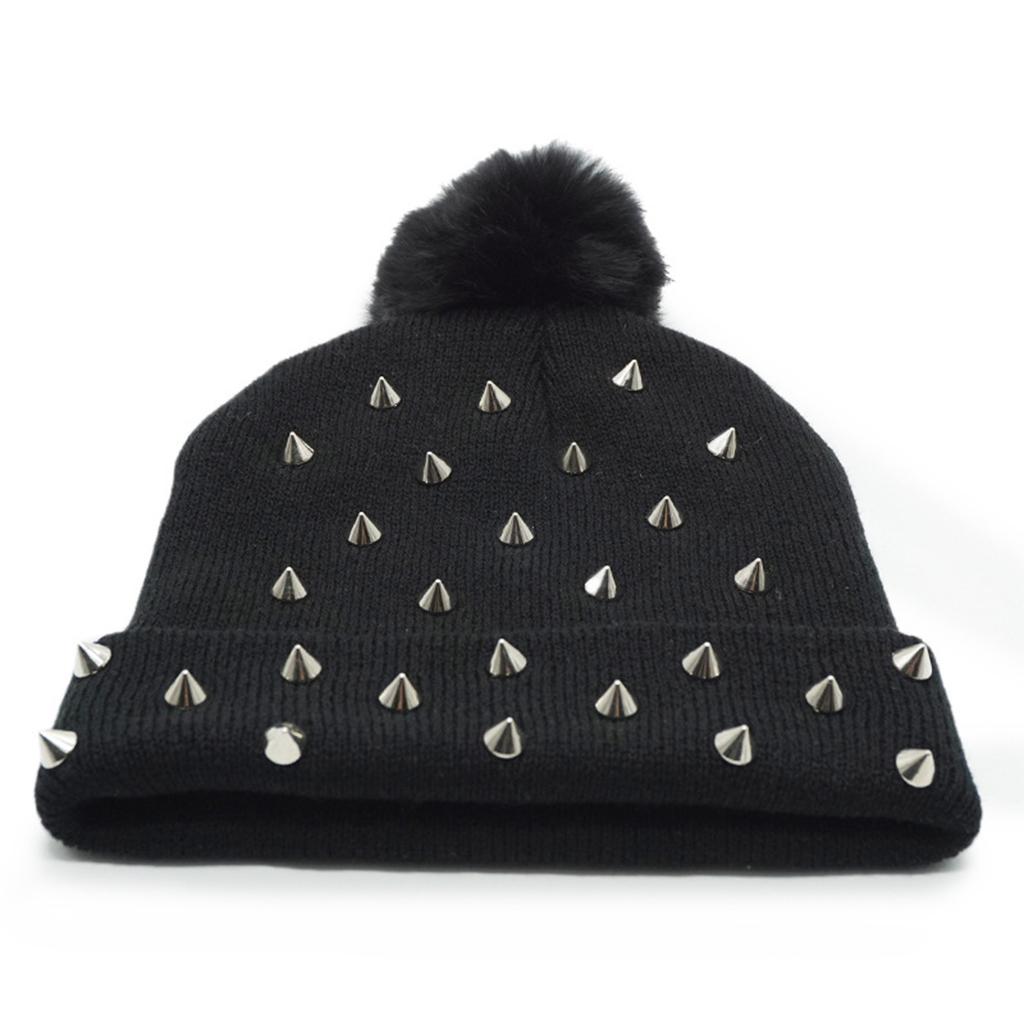 Black Soft Punk Knitted Beanie Warm Hat Winter 18x35cm for Women and Girls