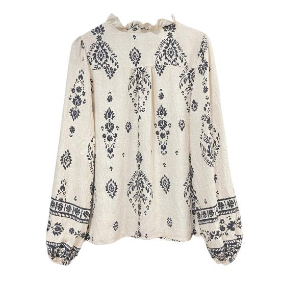 Women Shirt Ruffle Trim Neckline Long Sleeve Imitation Pearl Buttons Shirt Tops Spring Summer