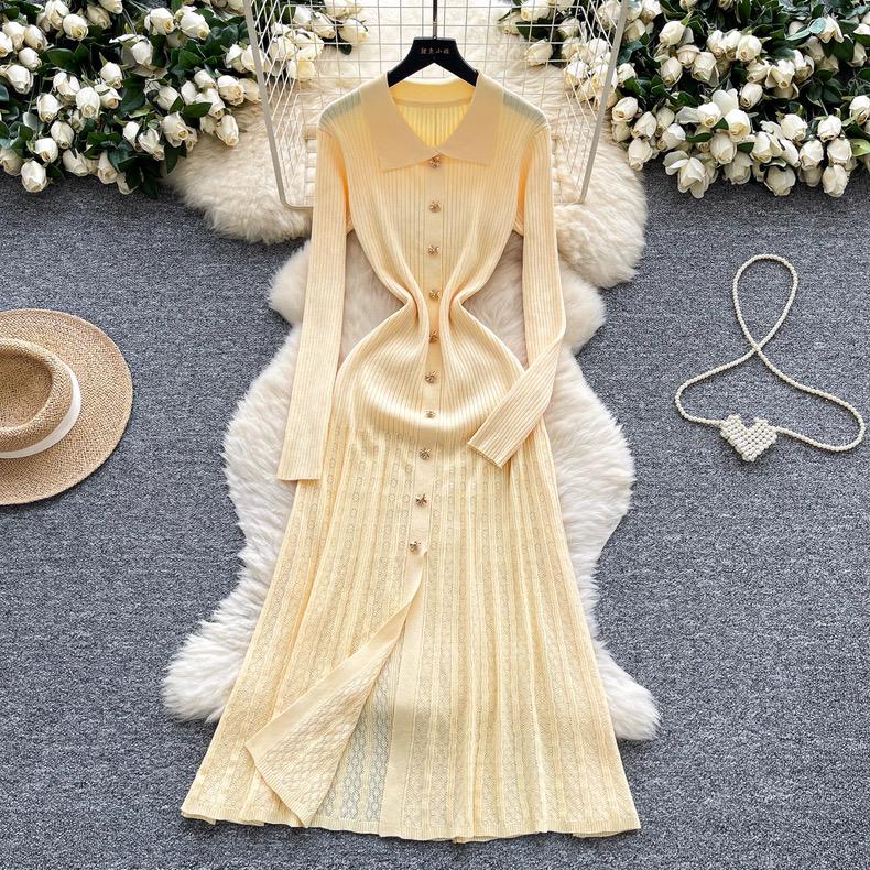 Rochie Retro Franțuzească cu Guler Reversat și Mâneci Lungi, cu Cataramă Metalică, pentru Toamna Femeilor, Rochii Lungi Tricotate cu Talie Subțire