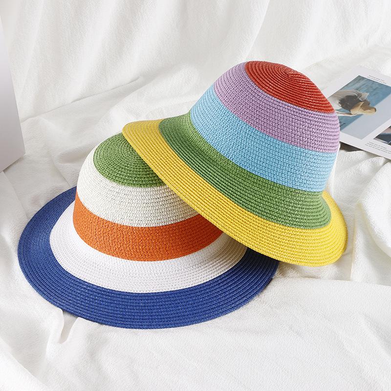 Colorful Stripes Foldable Floppy Disk Straw Hats Women Casual Summer Outdoors Beach Sun Hat Portable Wide Brim Female Panama Cap