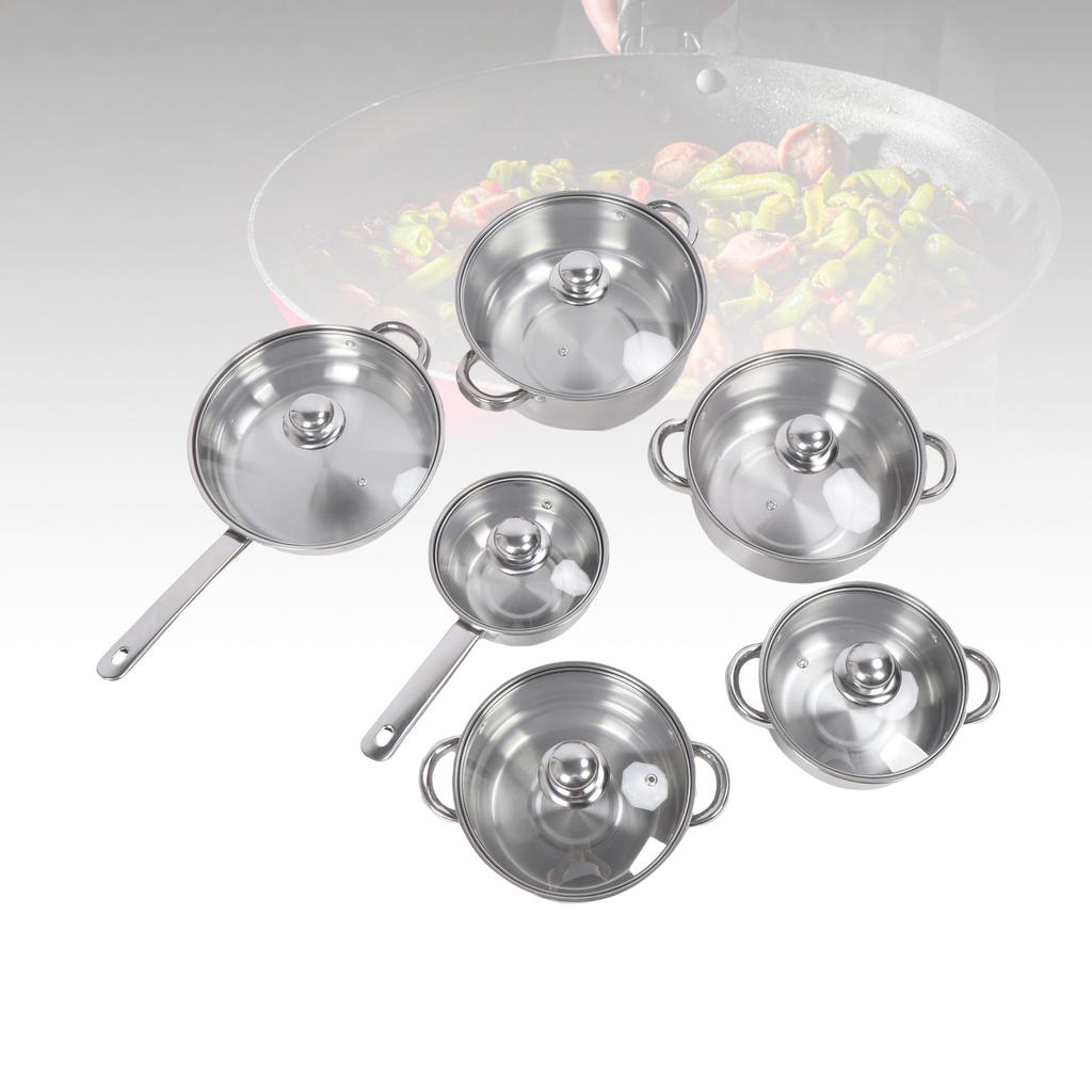 6 Pcs Stainless Steel Pots and Pans Set Even Heating Thickened Easy To Clean Cookware Set with Lids for Kitchen