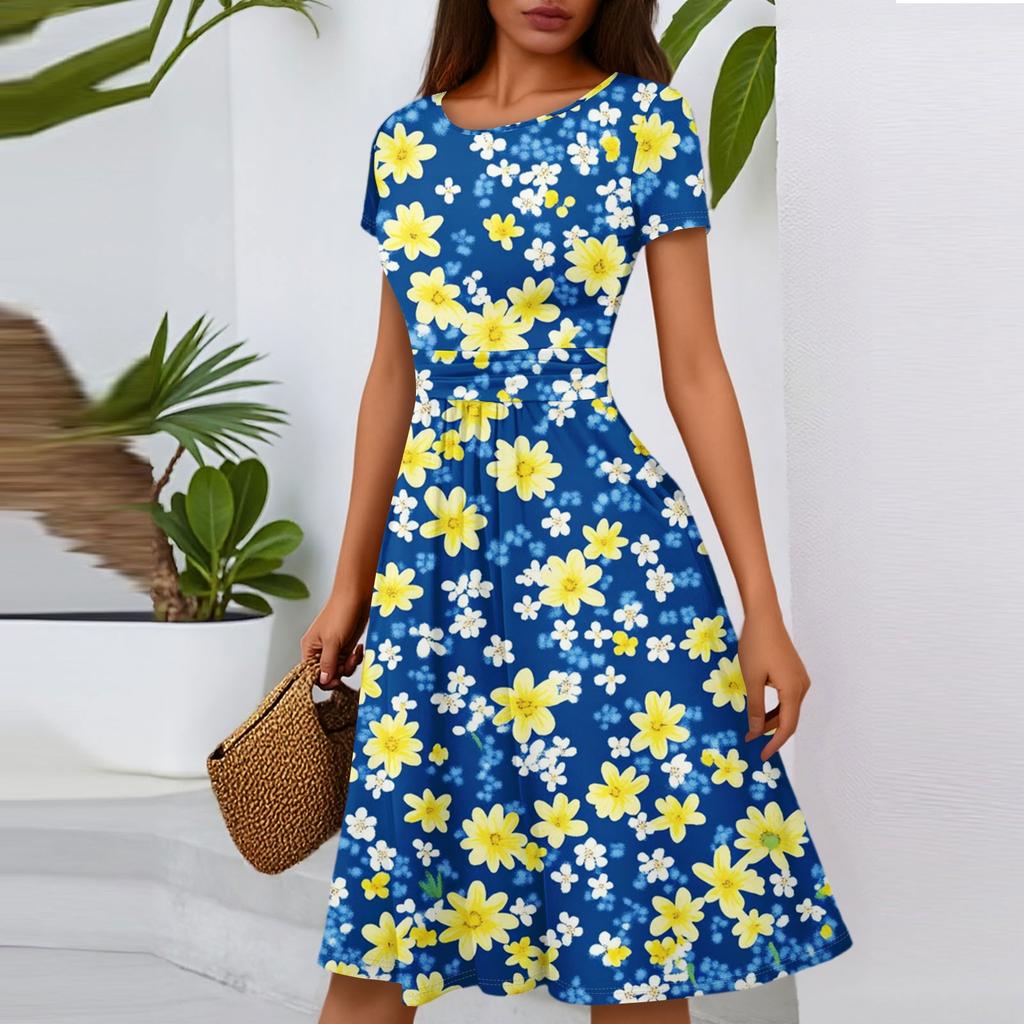 Women's Casual Fashion Round Neck Pleated Short Sleeve Floral Print A-Line Midi Dress