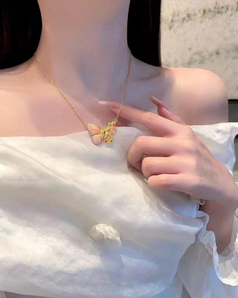 Blue-Fired Filigree Butterfly Pendant Necklace with Gold Enamel, Light Luxury Courtly Style.