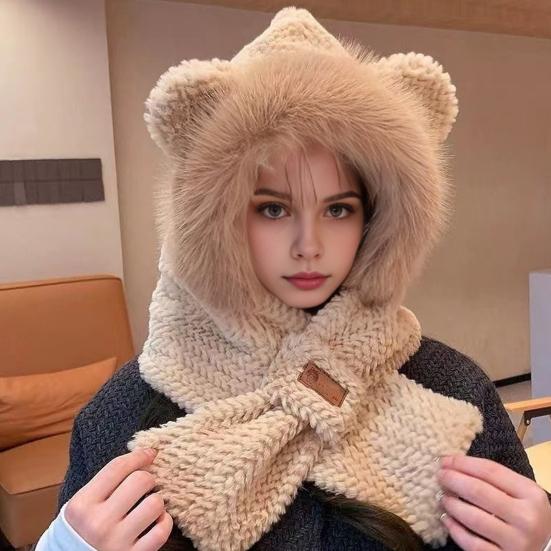 Women Winter Integrated Hat And Scarf Thick Fleece Warm Cartoon Fox Ear Decor Windproof