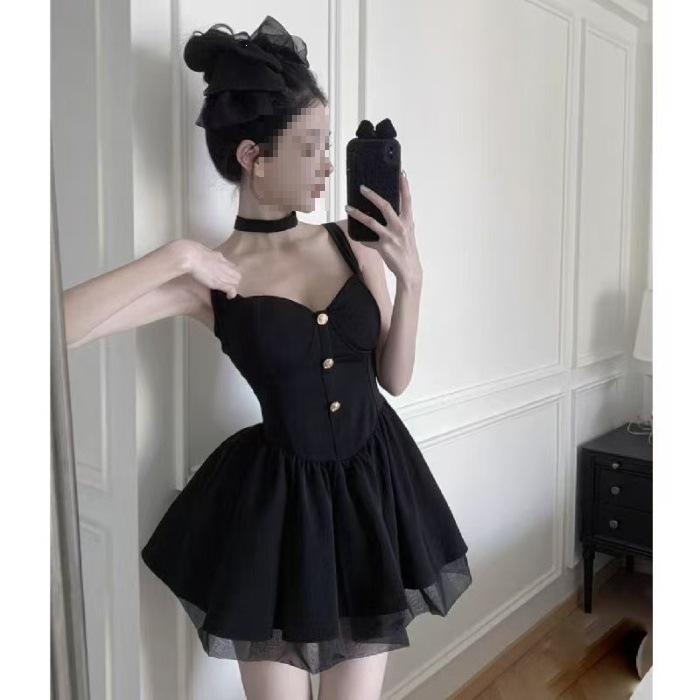 

French sexy black suspender dress women s summer temperament slim birthday dress princess tutu dress small man S