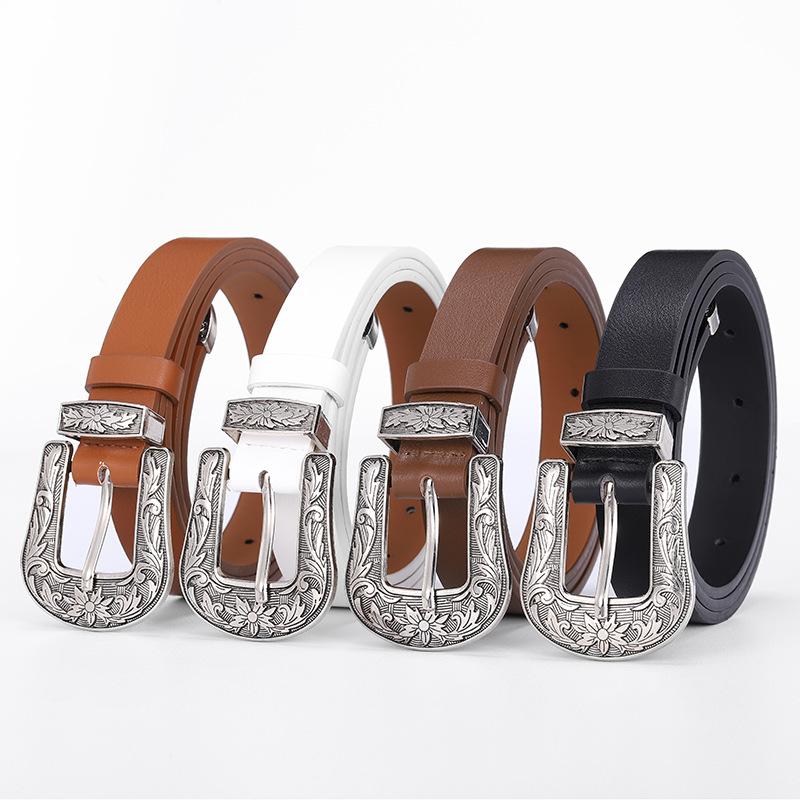 Casual Belt - Versatile Decorative Belt with Unique Engraved Antique Silver Buckle - Three-piece Set for Flat Waistbands