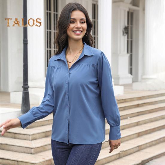 Women Shirt Lapel Puff Long Sleeve Solid Color Single-Breasted Shirt Tops Loose Fit Casual Tops Work Daily Wear