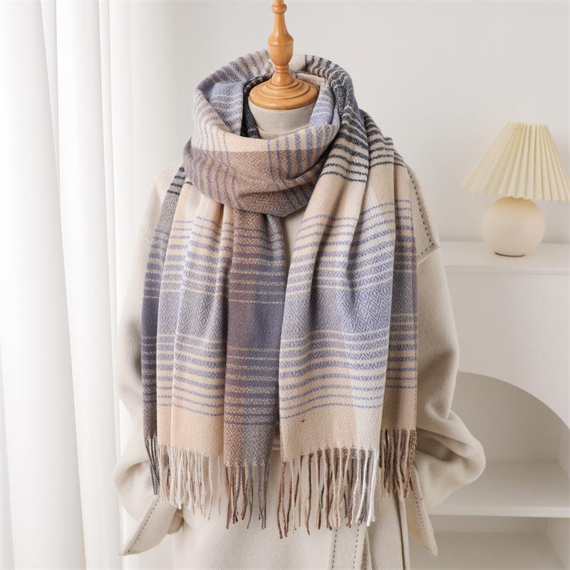 Simple Korean Style Plaid Women Scarf Imitation Cashmere Shawl Winter Thick Warm Neckerchief Echarpe Wrap Designer Lady