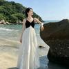 Hainan Sanya Seaside Vacation Super Fairy Long Dress Yunnan Lijiang Retro Contrasting Color Splicing Suspender Travel Beach Long Dress