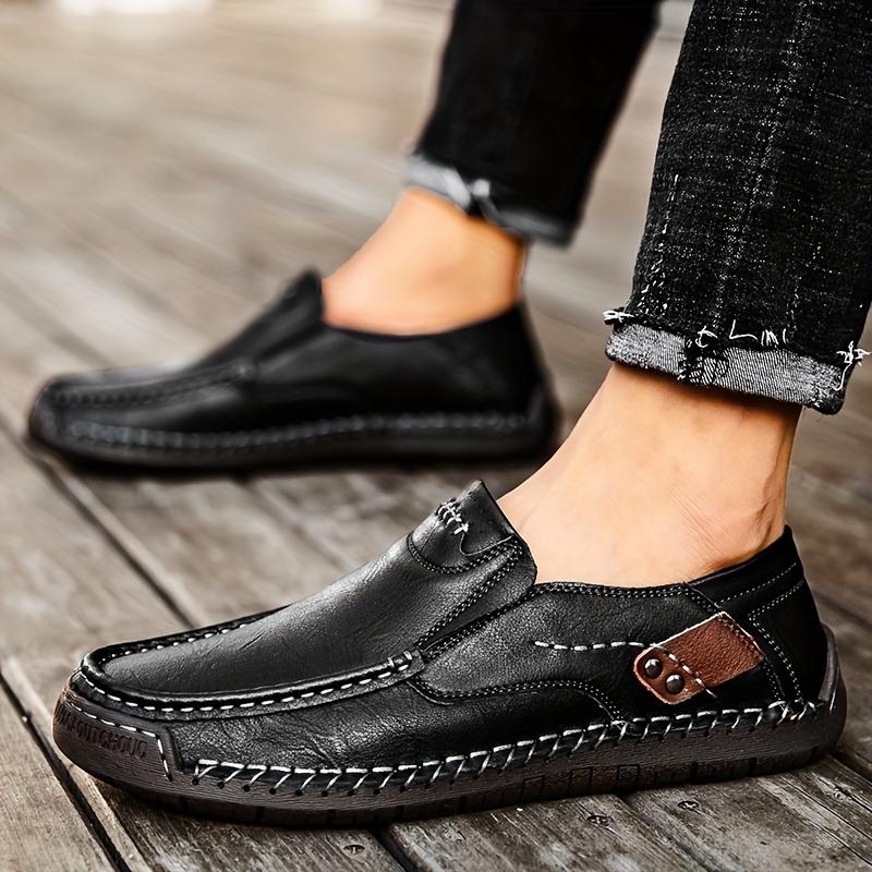 Hand-stitched Men's Outdoor Casual Shoes,Slip-on Flat Leather Shoes,Spring Breathable Plus Size Loafers