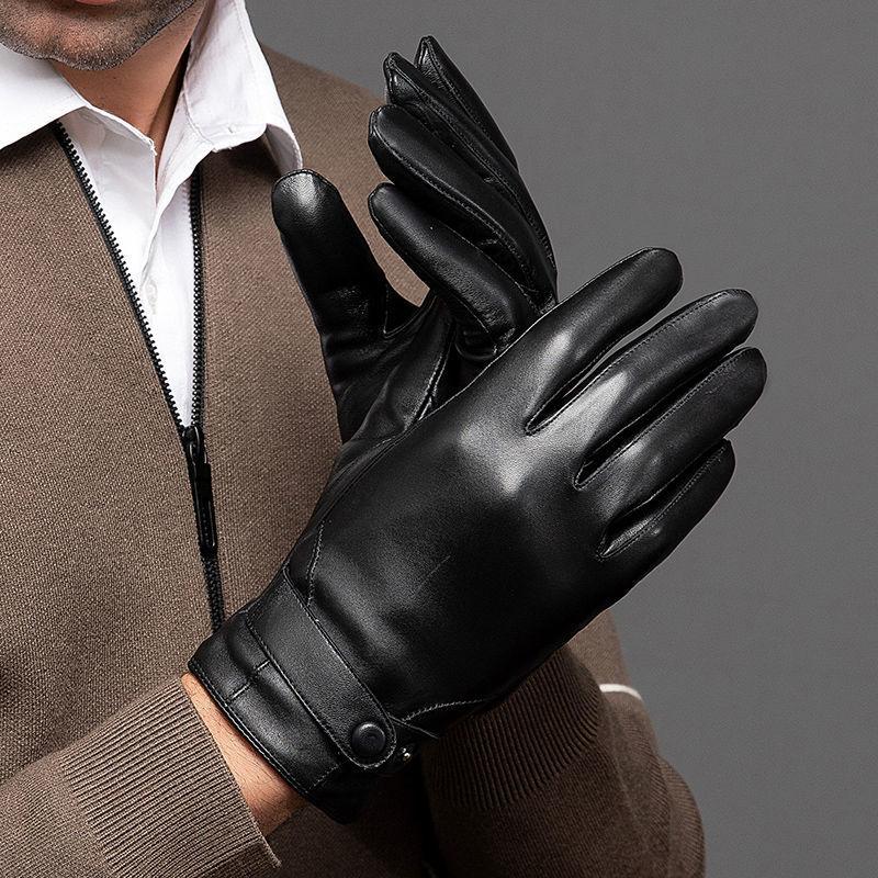 100% Genuine Leather Gloves Men Thick Warm Driving Cycling Touch Screen Guantes Invierno Top Layer Sheepskin Full Finger Gloves