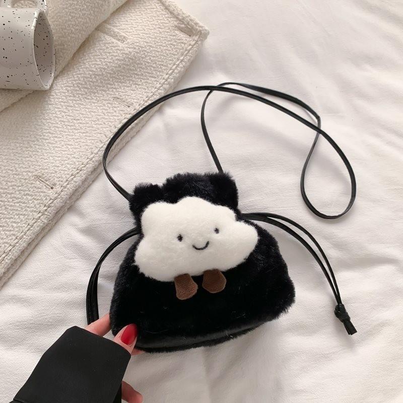 Adorable Plush Bucket Bag For Women Stylish Soft Pu Crossbody Purse In Black White Pink Khaki