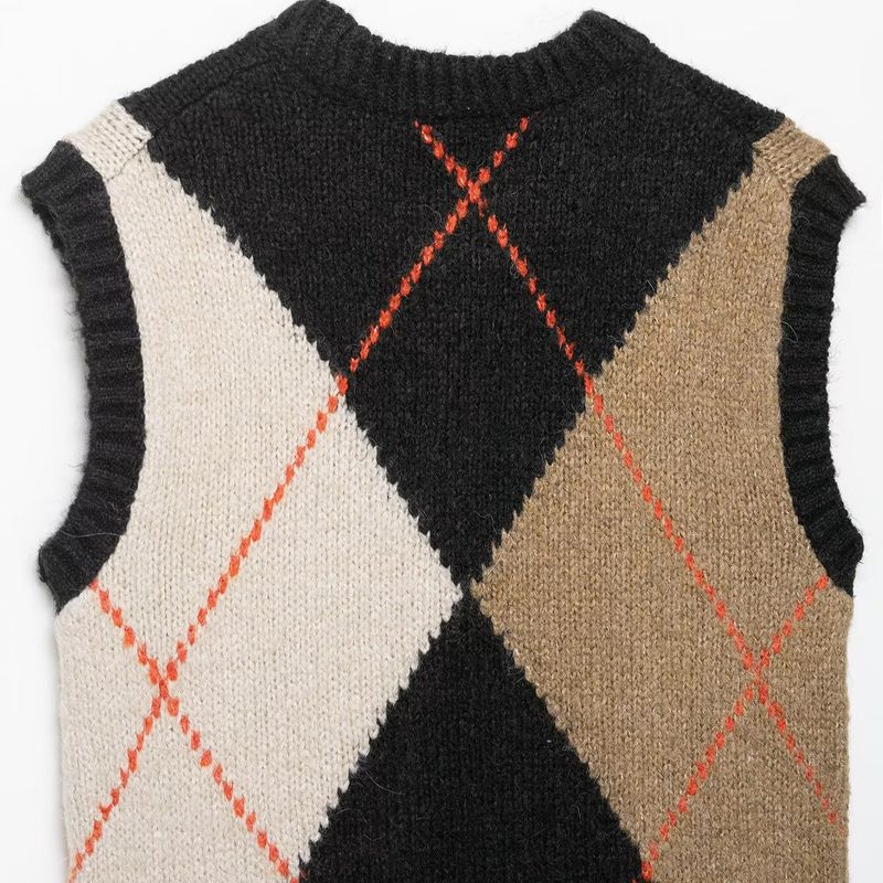 Kaslead New Women Clothes Western Style Fashion Diamond Pattern Knitted Vest Style Top 6771110