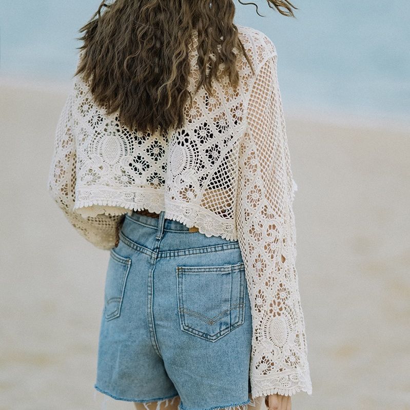 Women's Hollowed Out Cover-up Short Section Waistless Seaside Holiday Sun Shirt Long-sleeved Bohemian