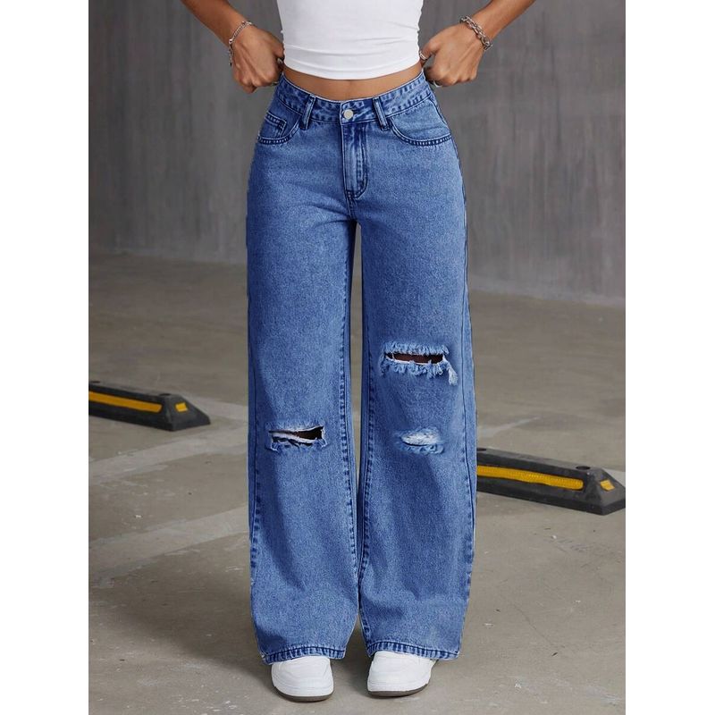 

Fashion Wind 2025 New Arrival Loose Light Blue Washed Wide Leg Denim Pure Color Pants Women Jeans Dark Blue XL