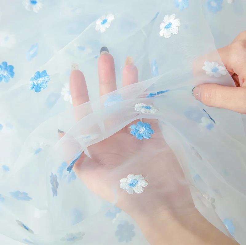 Small Flowers Embroidered Organza Fabric for Sewing Princess Dresses Headwear Stage Costumes Decorative Cloth DIY Fabrics
