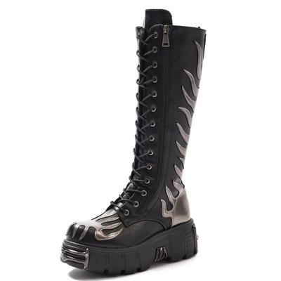 Bottes Longues au Genou Tendance Pour Femmes Nouvelles Bottes de Chevalier à Lacets et Tige Haute Augmentant la Hauteur Bottes à Semelles Épaisses Chaussures Punk Bottes Longues Style Rétro