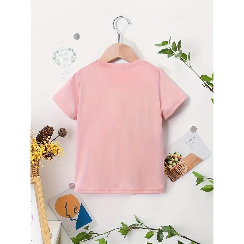Girls Crewneck Short Sleeve Tee, Cat & Rainbow Print Trendy Soft Casual Top