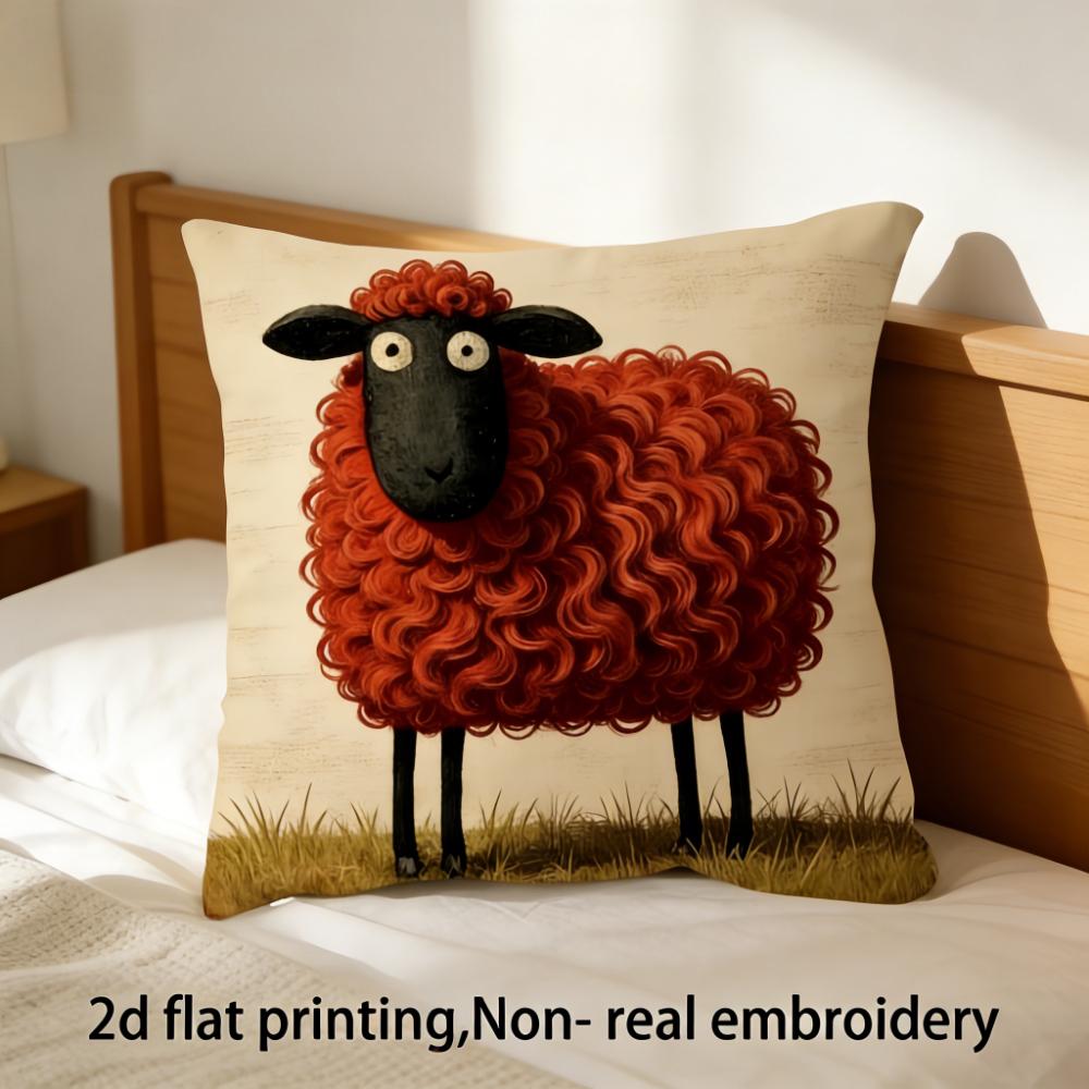Cute Red Sheep Pillow Cover 2D Print Cartoon Farm Animal Cushion Case For Sofa Bed Couch Cozy Rustic Country Home Decor Gifts
