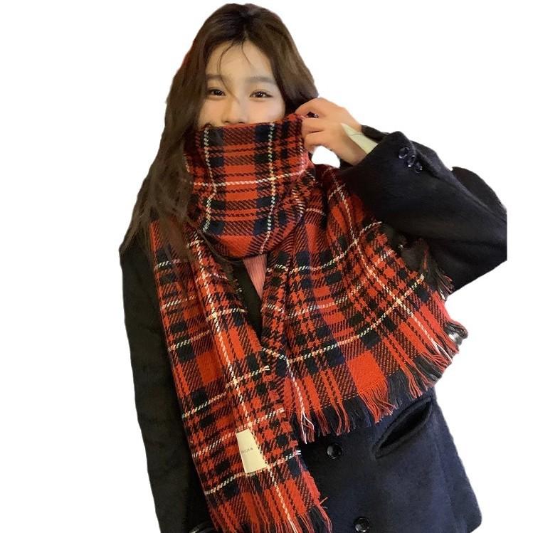 Red plaid Christmas scarf women's winter Korean version of high-end versatile scarf student couple thickened warm shawl
