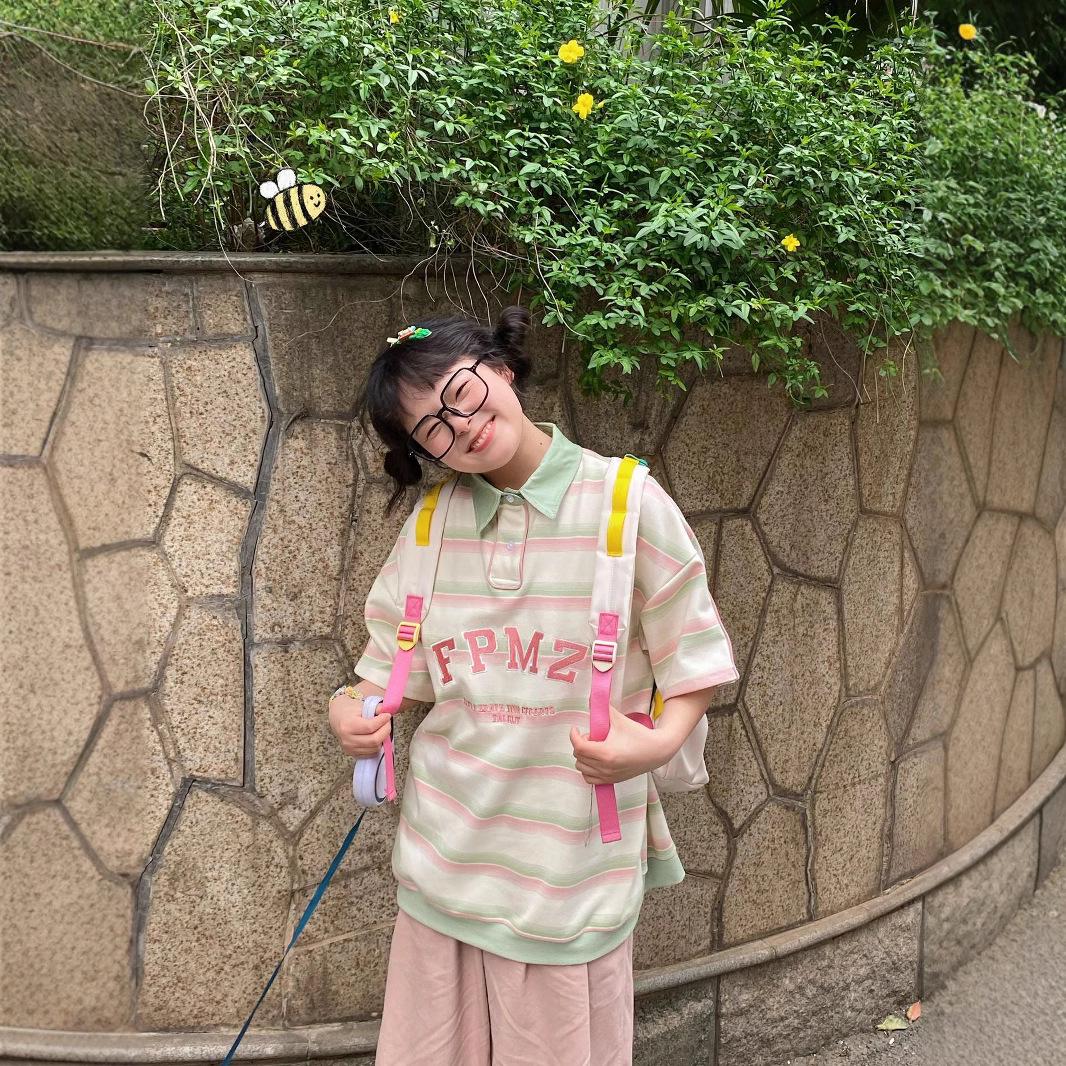 

Preppy Style Women s Striped Polo Shirt - Summer Casual Short Sleeve Top L (for 50-60kg)