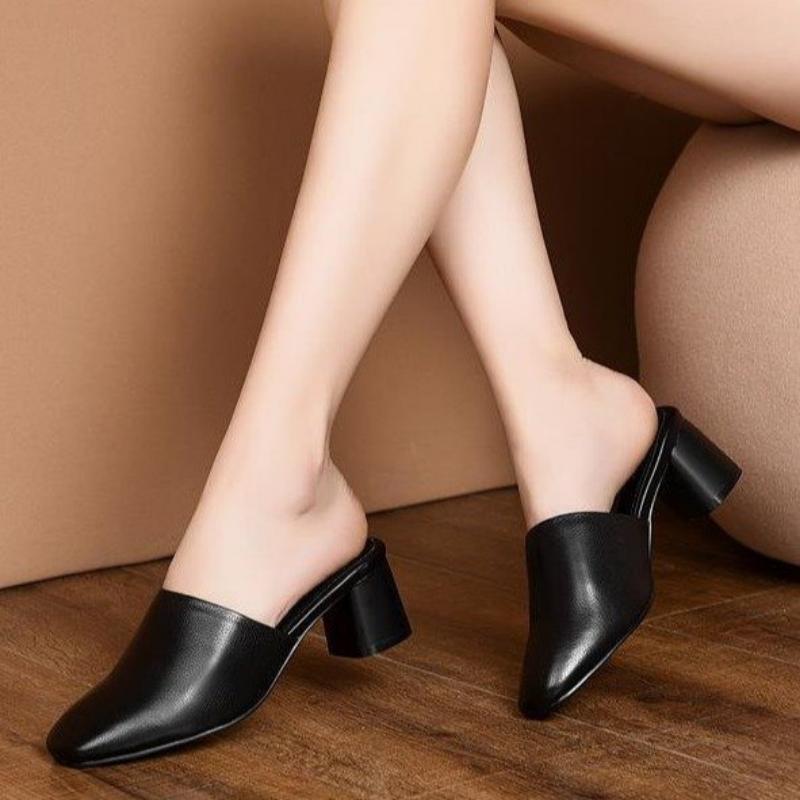 Fashion Baotou Half Slippers Women Summer New Outer Wear Fashion Solid Color Square Toe Thick Heel High-heeled Women's Slides Pantuflas