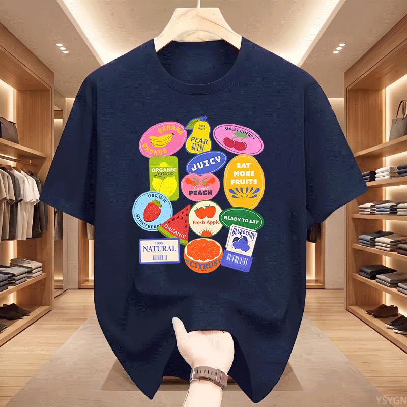 Summer Unisexs Fruit Stickers Graphic Print Tshirt Streetwear Oversized Loose Casual Short Sleeve Suitable For All Seasons Tops