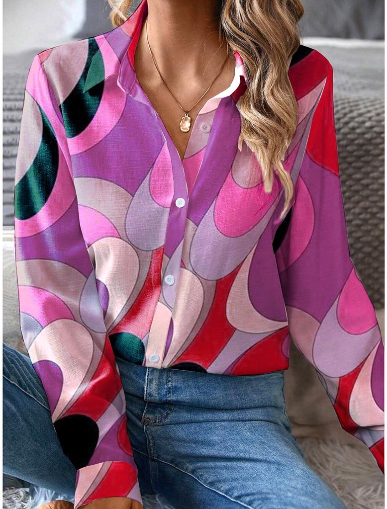 Mode Elegantes Büro Damenhemd Damen Casual Graffiti Bedrucktes Hemd Kragen Knopf Langarm Haushemd Damen Bluse
