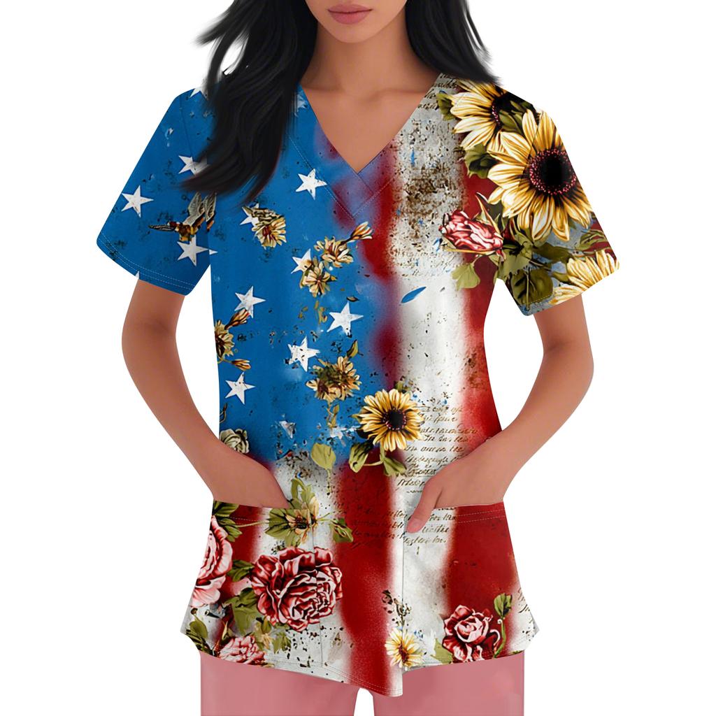 Damen Kurzarm Unabhängigkeitstag Aufdruck V-Ausschnitt Tasche Arbeitskleidung Oberteil