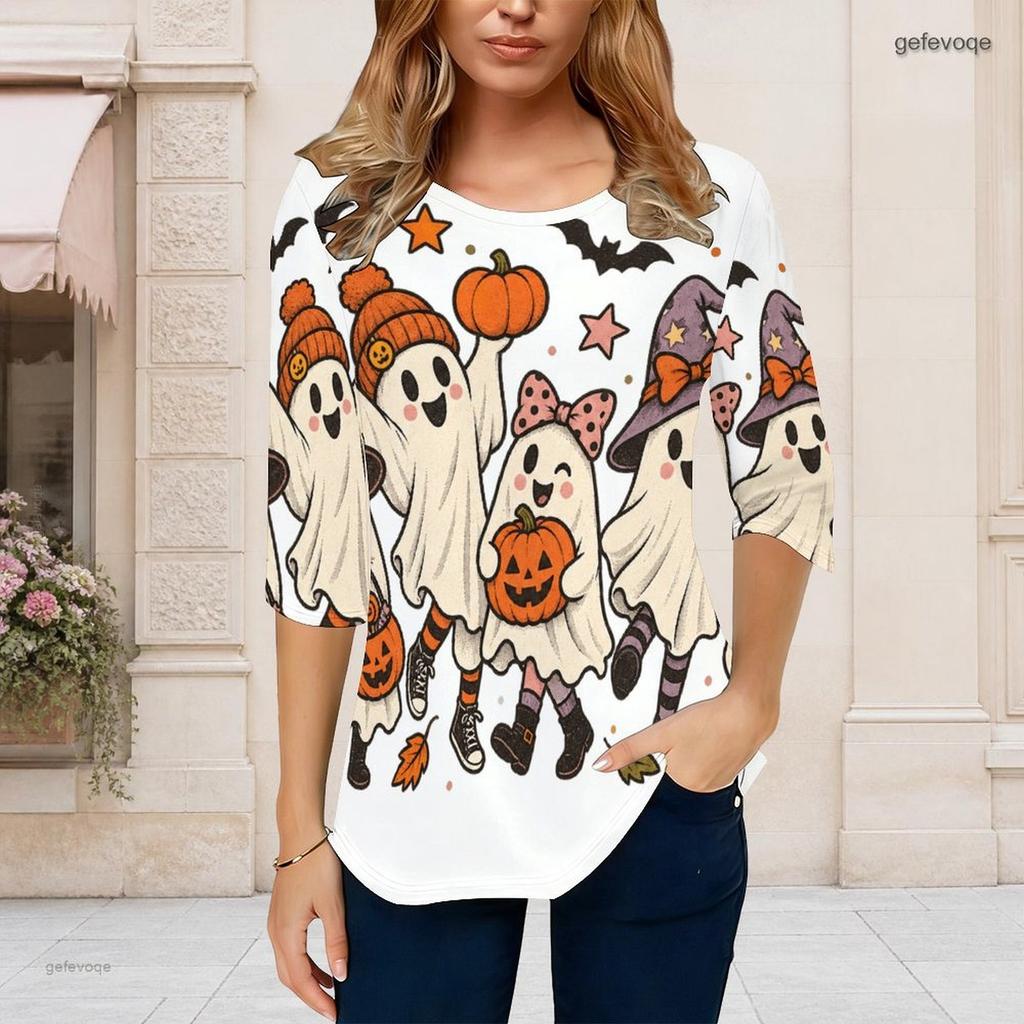 Women Plus Size Round Neck 3 4 Sleeve T Shirt Cartoon Tiger Printed Curved Hem With Pockets