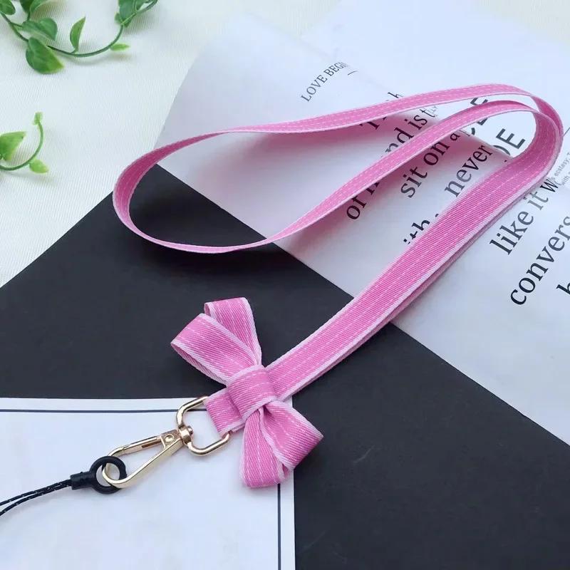 Chic Casual Striped Bow Girl Mobile Phone Lanyard Portable Mini Fan Camera Key Neck Strap Office Work ID Card Holder Rope