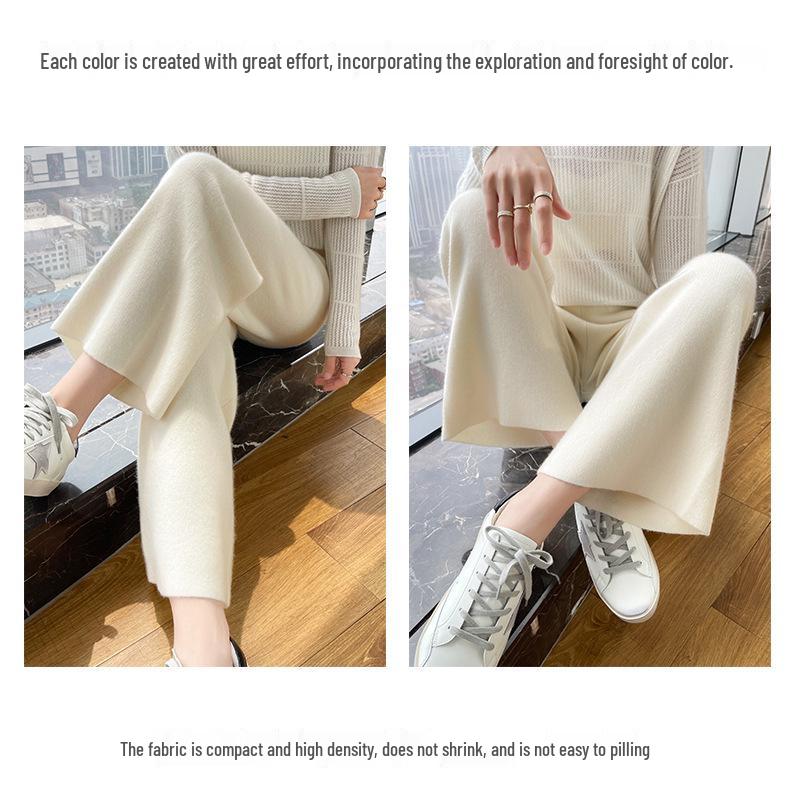 Women's 100% Wool Wide-Leg High-Waist Autumn/Winter Pants - Thickened, Warm, and Loose-Fitting