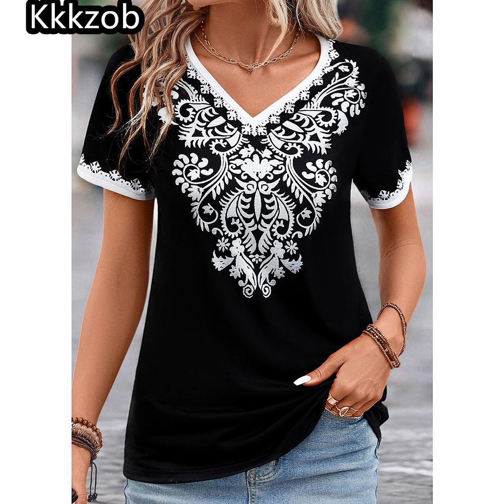 

2025 Винтажная рубашка для женщин с принтом тотема в этническом стиле, женская одежда, летние повседневные топы с короткими рукавами, футболки, футболка большого размера XS