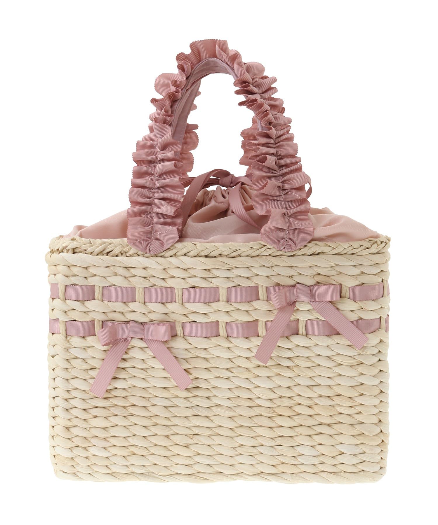 

de Frill Handle Maze Ribbon Basket Bag for Pink Beige [Maison Fleur] Handbag, Women,