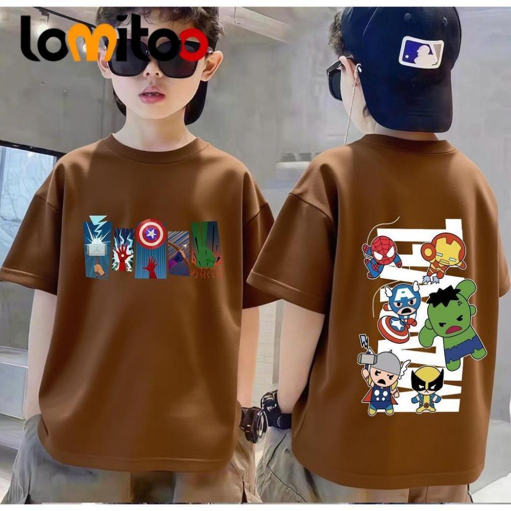 T-shirt clothing, children s new fashion, cute cartoon superhero print, wide sleeved T-shirt short 150