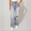 Women's Mid Rise Straight Leg Jeans Vintage Washed Ripped Loose Slim Denim Trousers Hip Hop Streetwear Long Pants
