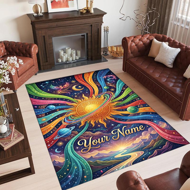 Cosmic Theme Crystal Velvet Floor Rug Personalized Custom Name Text Warm Carpet Home Decoration