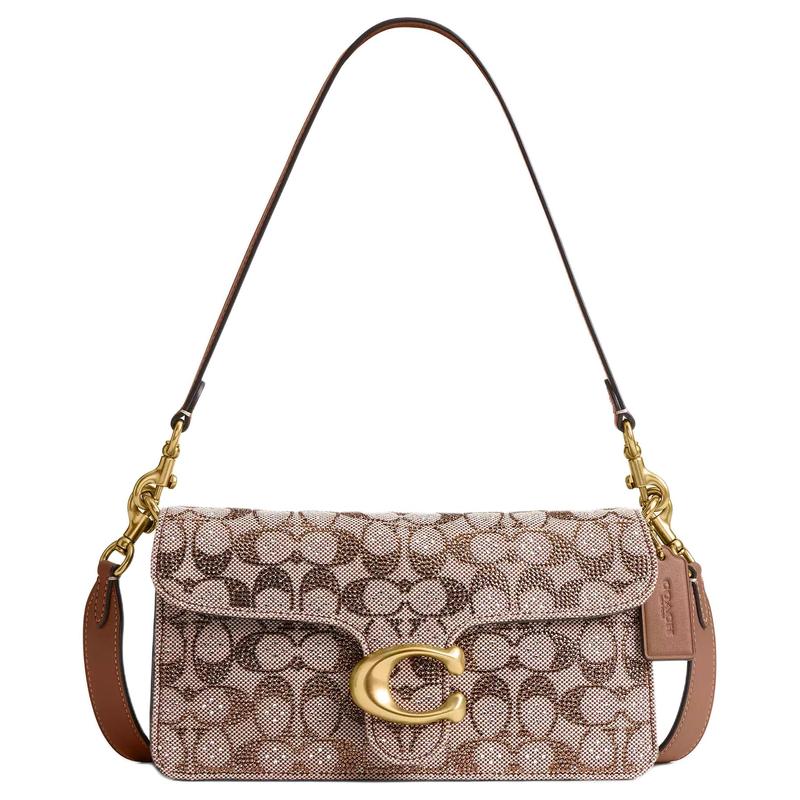 Coach Tabby 26 Crystal Logo Jacquard Classic Design Natural Grain Nappa Leather Shoulder Bag Medium Women Mushroom