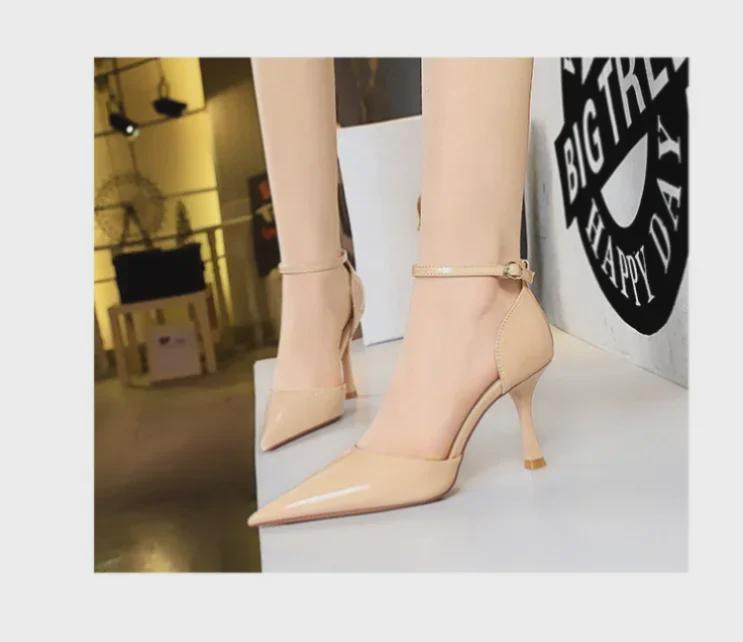 European & American High Heel Pointed Patent Leather One-Strap Sandals with Sexy Hollow Design