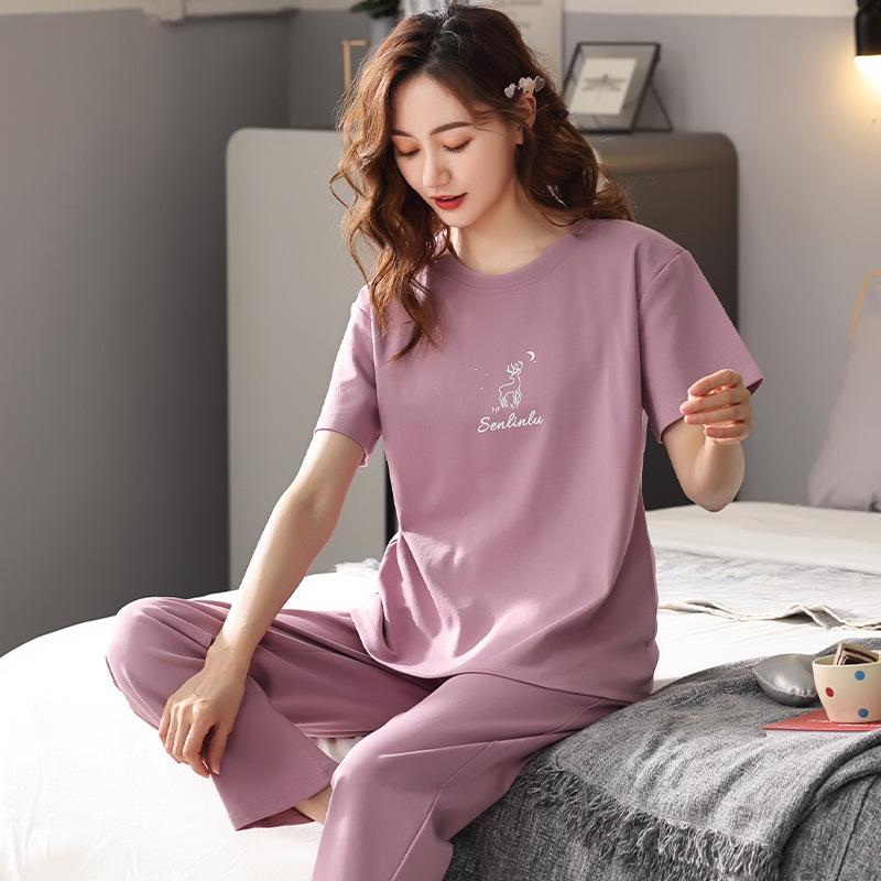 Pajamas Women's Spring and Summer Short Sleeves Long Pants Modal Thin Spring and Autumn Casual Wear Out Suit