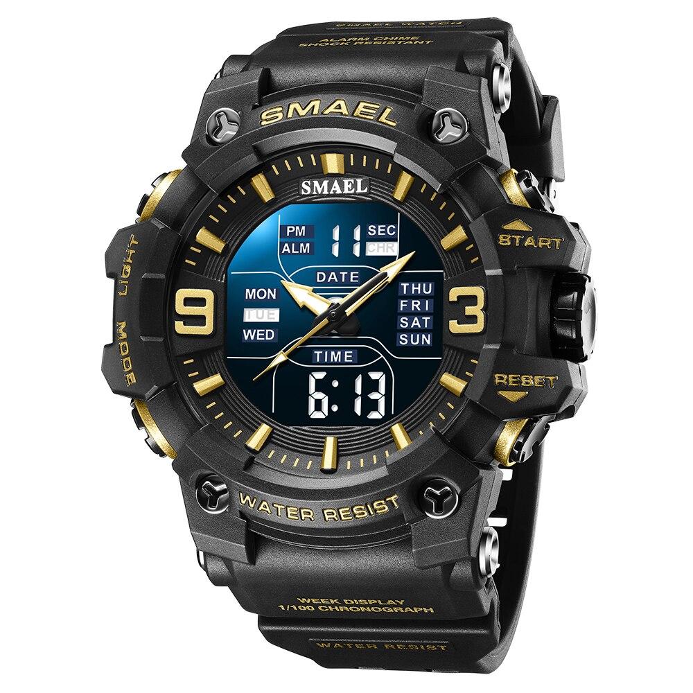 SMAEL Heren Dubbele Display Horloges Sport Waterdicht LED Licht Wekker Dubbele Tijdweergave Week Automatische Datum Polshorloges 8049 Sport Polshorloge