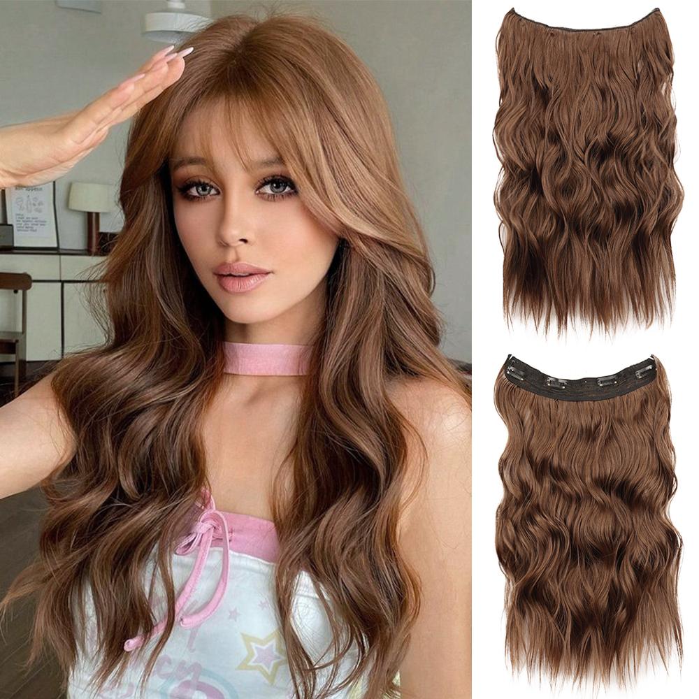 

MERISIHAIR Synthetic 4 Clips Invisible Wire Hair Extension Long Wavy Hairpiece Transparent Adjustable Headband For Women Daily Wear 50cm