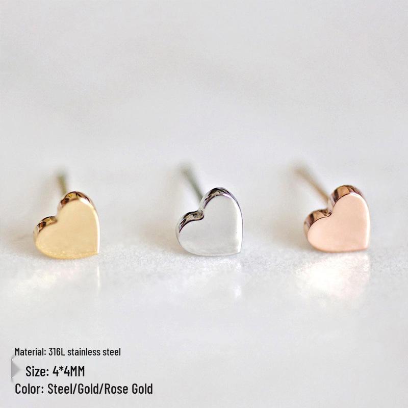 St. Delan Korean Heart Stud Earrings - Simple Stainless Steel Gold Plated Women's Accessories.